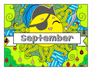 September and Pirate-themed Coloring Book and Planner, Mandalas - 33-Page Printable PDF for Adults and Children