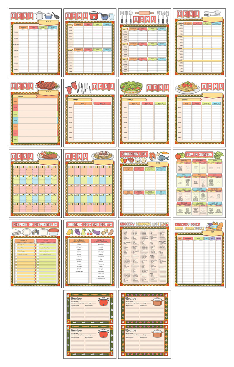 Colorful Grocery and Menu Planner - 18 Page Printable Digital Planner
